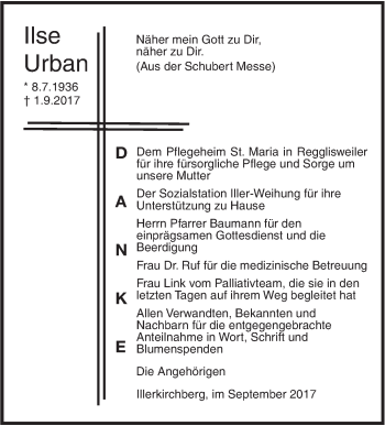 Traueranzeige von Ilse Urban von Südwest Presse