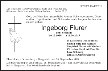 Traueranzeige von Ingeborg Flurer von Hohenloher Tagblatt