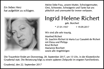 Traueranzeige von Ingrid Helene Richert von Haller Tagblatt