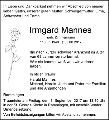 Traueranzeige von Irmgard Mannes von Südwest Presse