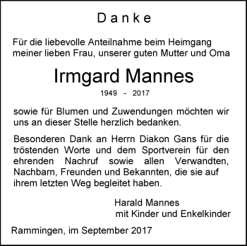 Traueranzeige von Irmgard Mannes von Südwest Presse