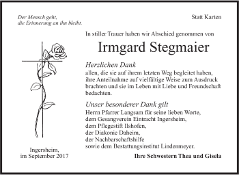 Traueranzeige von Irmgard Stegmaier von Hohenloher Tagblatt