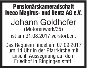 Traueranzeige von Johann Goldhofer von Südwest Presse