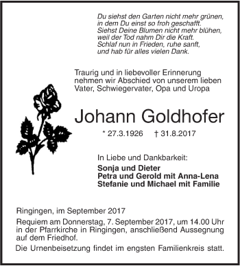 Traueranzeige von Johann Goldhofer von Südwest Presse