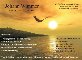 Traueranzeige von Johann Wimmer von Südwest Presse