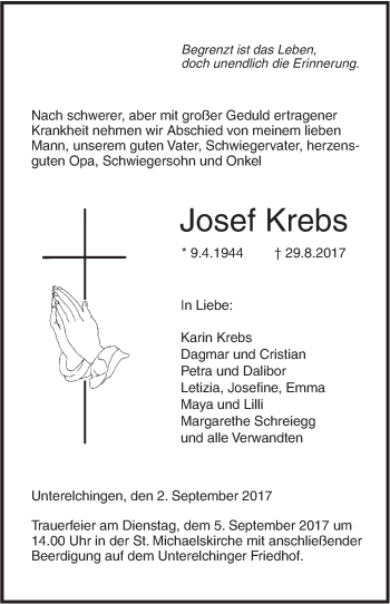 Traueranzeige von Josef Krebs von Südwest Presse