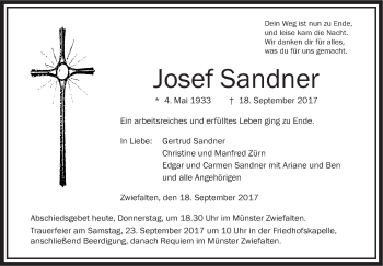 Traueranzeige von Josef Sandner von Südwest Presse