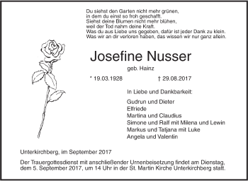 Traueranzeige von Josefine Nusser von Südwest Presse