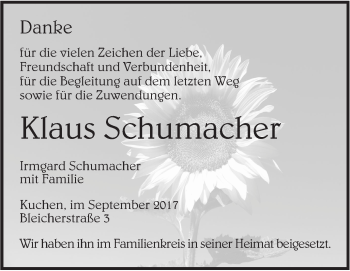 Traueranzeige von Klaus Schumacher von Geislinger Zeitung