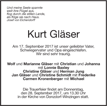 Traueranzeige von Kurt Gläser von Neue Württembergische Zeitung