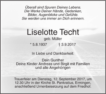 Traueranzeige von Liselotte Techt von Südwest Presse