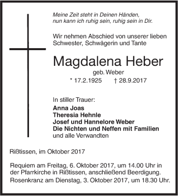 Traueranzeige von Magdalena Heber von Ehinger Tagblatt