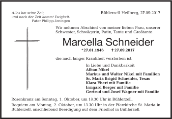 Traueranzeige von Marcella Schneider von Haller Tagblatt