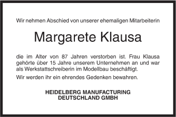 Traueranzeige von Margarete Klausa von Geislinger Zeitung