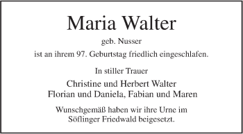 Traueranzeige von Maria Walter von Südwest Presse