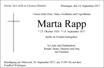 Traueranzeige von Marta Rapp von Südwest Presse