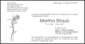 Traueranzeige von Martha Straub von Neue Württembergische Zeitung