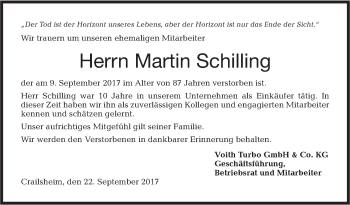 Traueranzeige von Martin Schilling von Hohenloher Tagblatt