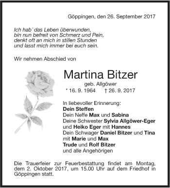 Traueranzeige von Martina Bitzer von Neue Württembergische Zeitung