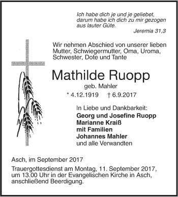 Traueranzeige von Mathilde Ruopp von Südwest Presse