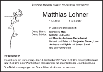 Traueranzeige von Matthias Lohner von Illertal Bote