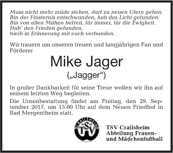 Traueranzeige von Mike Jager von Hohenloher Tagblatt