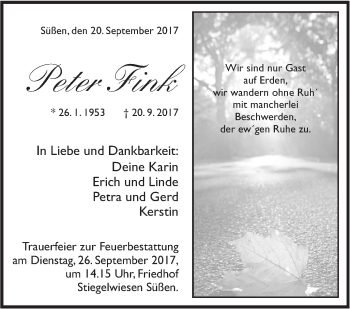 Traueranzeige von Peter Fink von Neue Württembergische Zeitung