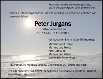 Traueranzeige von Peter Jurgans von Geislinger Zeitung