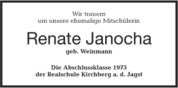 Traueranzeige von Renate Janotta von Hohenloher Tagblatt