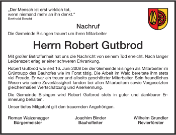 Traueranzeige von Robert Gutbrod von Hohenzollerische Zeitung