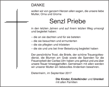 Traueranzeige von Senzl Priebe von Illertal Bote