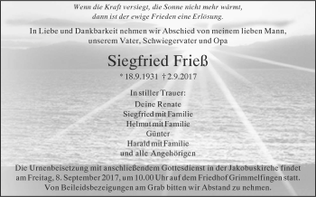 Traueranzeige von Siegfried Frieß von Südwest Presse