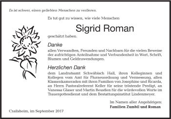 Traueranzeige von Sigrid Roman von Hohenloher Tagblatt