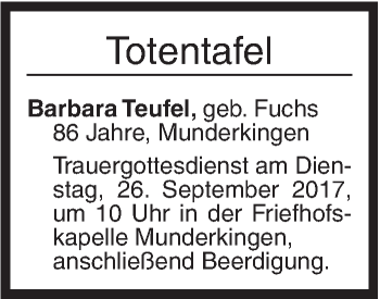 Traueranzeige von Totentafel vom 22.09.2017 von Ehinger Tagblatt