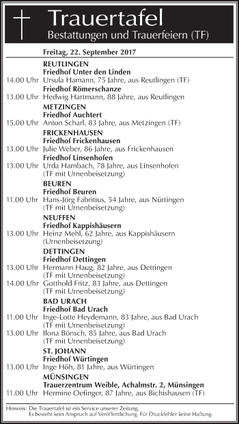 Traueranzeige von Totentafel vom 22.09.2017 von Südwest Presse