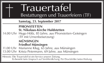 Traueranzeige von Totentafel vom 23.09.2017 von Südwest Presse