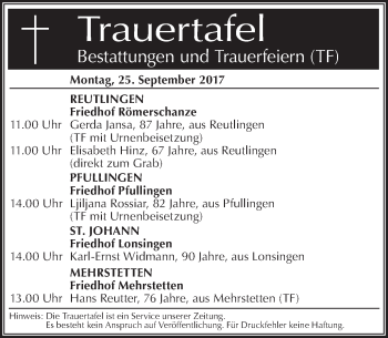 Traueranzeige von Totentafel vom 25.09.2017 von Südwest Presse