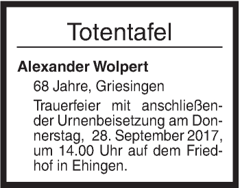 Traueranzeige von Totentafel vom 25.09.2017 von Ehinger Tagblatt