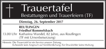 Traueranzeige von Totentafel vom 26.09.2017 von Südwest Presse