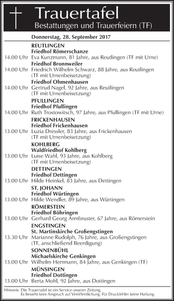 Traueranzeige von Totentafel vom 28.09.2017 von Südwest Presse