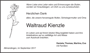 Traueranzeige von Waltraud Kienzle von Ehinger Tagblatt