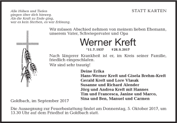 Traueranzeige von Werner Kreft von Hohenloher Tagblatt