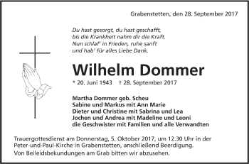 Traueranzeige von Wilhelm Dommer von Südwest Presse