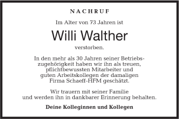 Traueranzeige von Willi Walther von Hohenloher Tagblatt