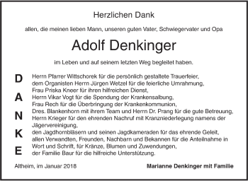 Traueranzeige von Adolf Denkinger von Ehinger Tagblatt