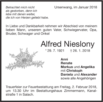 Traueranzeige von Alfred Nieslony von NWZ Neue Württembergische Zeitung