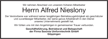 Traueranzeige von Alfred Nieslony von NWZ Neue Württembergische Zeitung