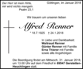 Traueranzeige von Alfred Renner von SÜDWEST PRESSE Ausgabe Ulm/Neu-Ulm