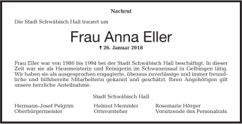 Traueranzeige von Anna Eller von Haller Tagblatt