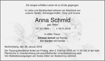 Traueranzeige von Anna Schmid von SÜDWEST PRESSE Ausgabe Ulm/Neu-Ulm